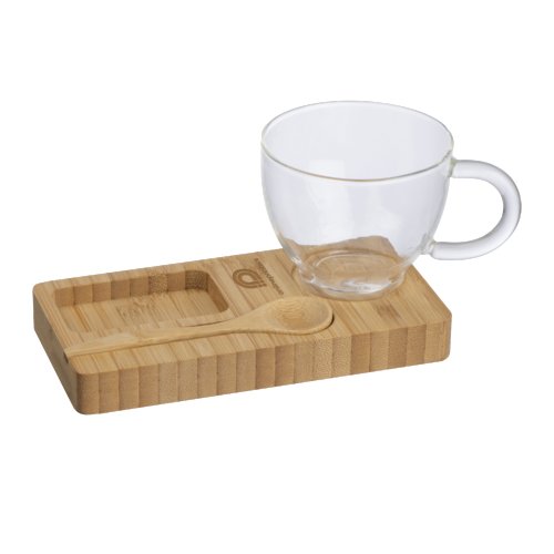 Planche de service en bois avec tasse et cuillère assorties.
