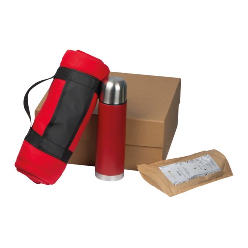 Coffret cadeau de thé avec thermos, paquet de thé et couverture.