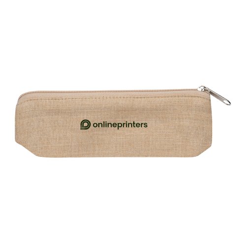 Trousse beige en tissu avec fermeture éclair.