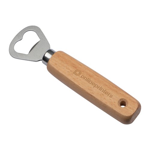 Ouvre-bouteille en bois avec tête en métal et trou de suspension.