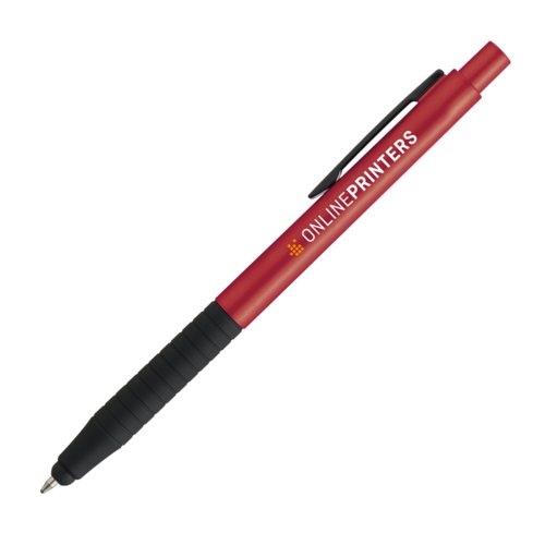 Stylo à bille rouge en métal avec stylet tactile et clip.