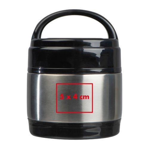 Boîte alimentaire en acier inoxydable noir et argent avec poignée.