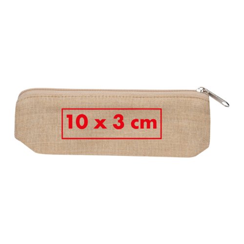 Trousse beige en tissu avec fermeture éclair.