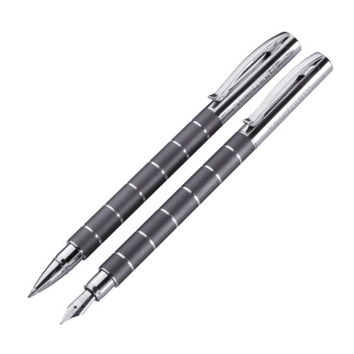 Ensemble d'écriture en métal gris avec stylo à bille et stylo plume.