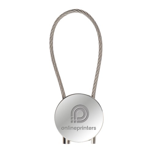Porte-clés en métal avec pendentif rond et câble métallique.