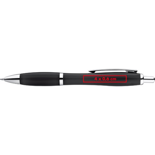 Stylo à bille noir avec clip et mécanisme à pression.