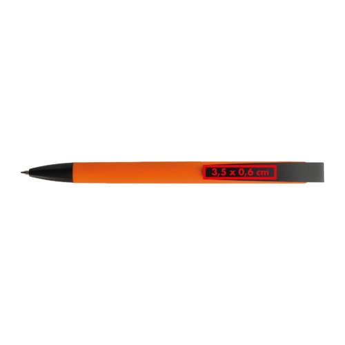 Stylo à bille orange en plastique avec clip.