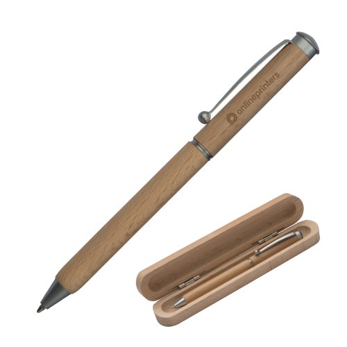 Stylo à bille en bois de hêtre couleur bois avec des éléments métalliques et un coffret assorti.