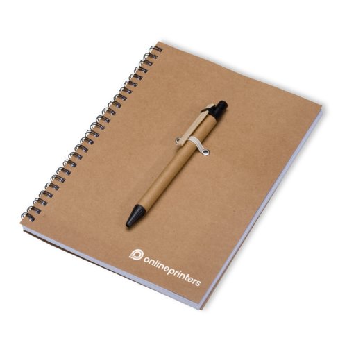 Bloc-notes cologique marron avec reliure spirale et porte-stylo.