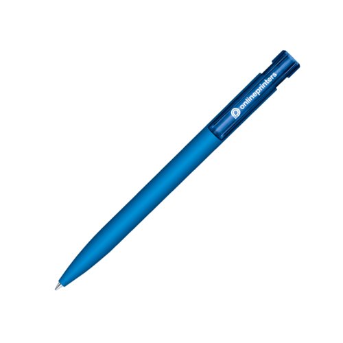 Stylo � bille bleu avec surface douce et m�canisme � poussoir.