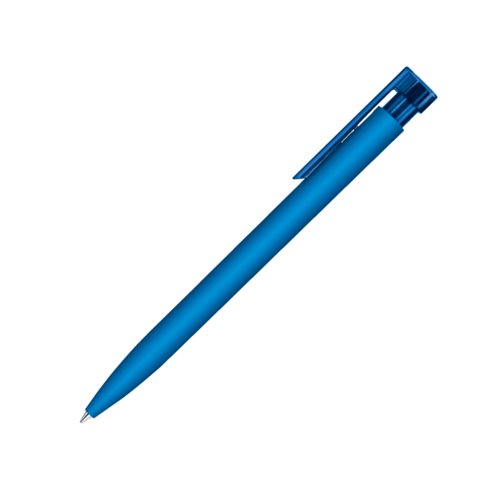 Stylo � bille bleu en plastique avec surface douce et clip.