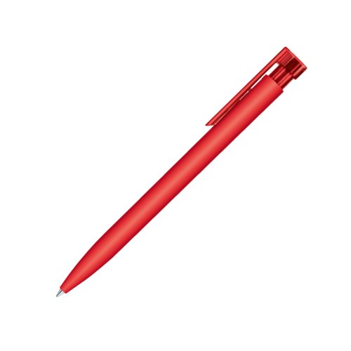 Stylo � bille rouge en plastique avec surface douce, clip et m�canisme � poussoir.