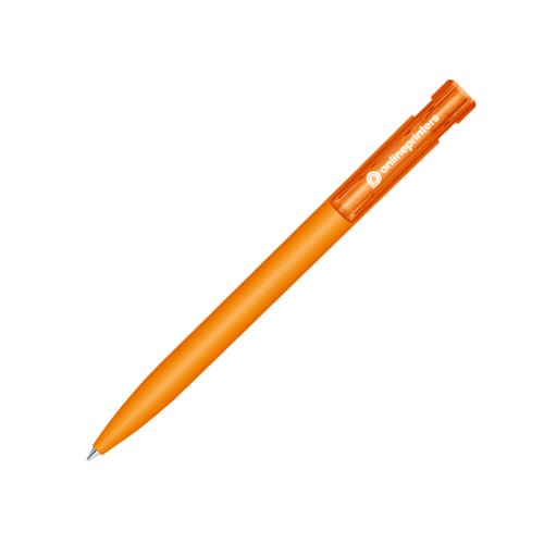 Stylo � bille orange en plastique avec m�canisme � poussoir et surface douce.