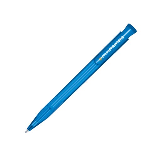 Stylo � bille en plastique bleu avec bouton-poussoir.