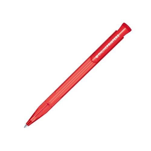 Stylo � bille rouge en plastique avec m�canisme � bouton-poussoir.