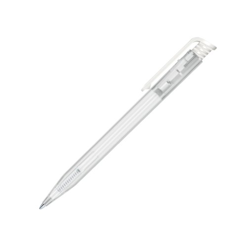 Stylo � bille en plastique blanc d�poli avec clip et m�canisme � poussoir.