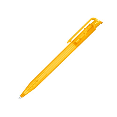 Stylo � bille en plastique jaune avec clip et m�canisme � poussoir.