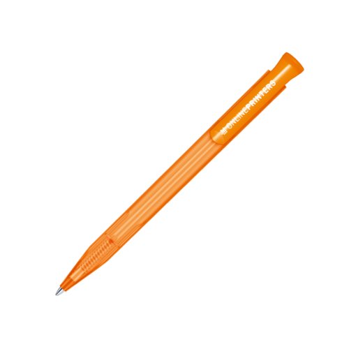 Stylo � bille orange en plastique avec m�canisme � bouton-poussoir.