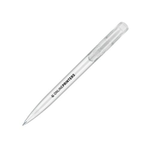 Stylo � bille en plastique blanc avec m�canisme � poussoir et clip.