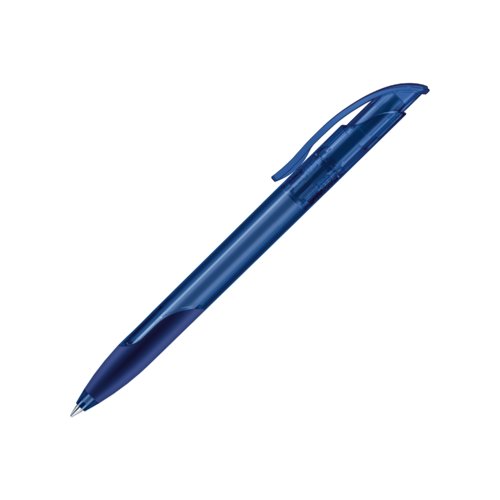 Stylo  bille en plastique bleu fonc avec bouton-poussoir et grip souple.