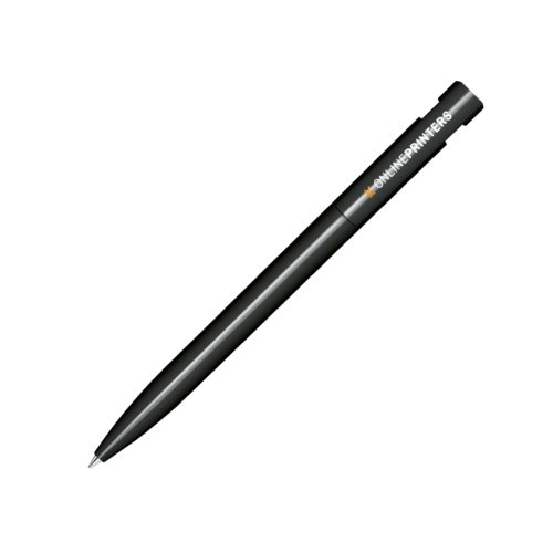 Stylo � bille en plastique noir avec finition brillante et m�canisme � poussoir.