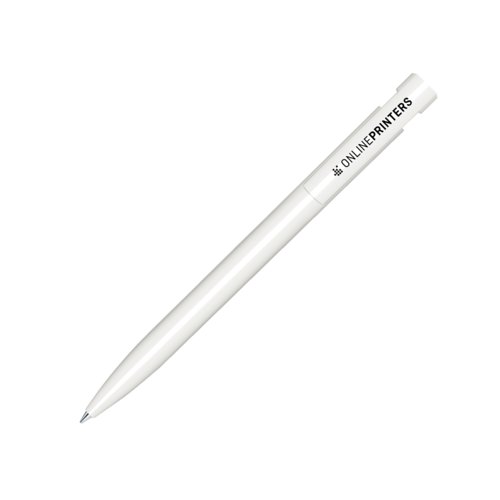 Stylo � bille en plastique blanc avec finition polie et m�canisme � poussoir.