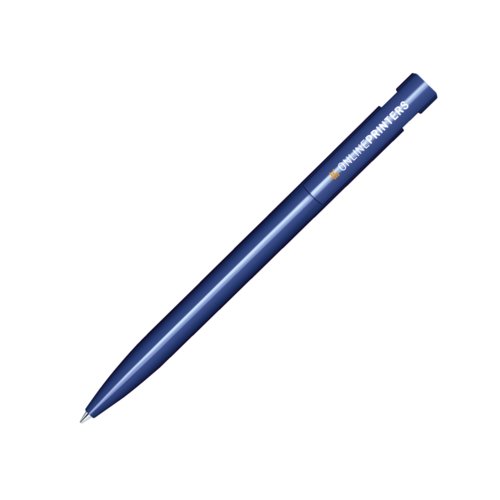 Stylo � bille en plastique bleu fonc� avec finition brillante et bouton poussoir.