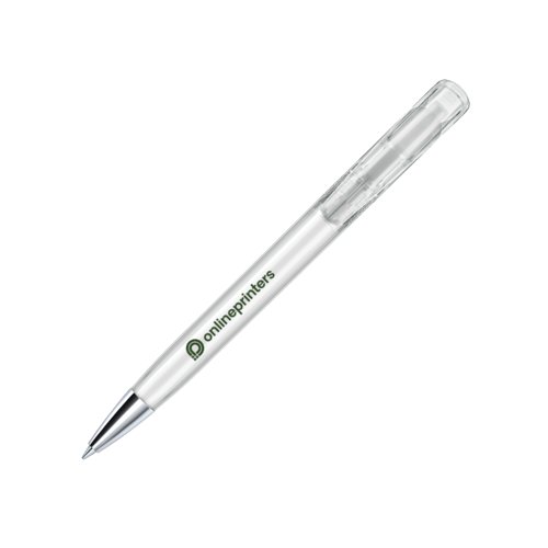 Stylo  bille en plastique blanc avec lments mtalliques et mcanisme  pression.