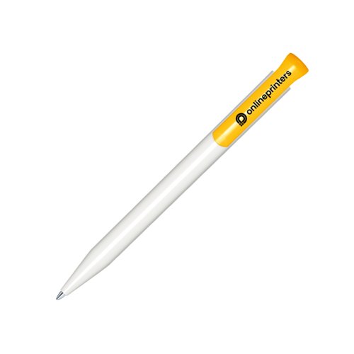 Stylo  bille en plastique blanc/jaune avec mcanisme  poussoir.
