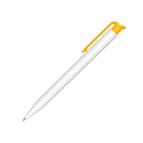 Stylo  bille en plastique blanc avec clip jaune et mcanisme  poussoir.