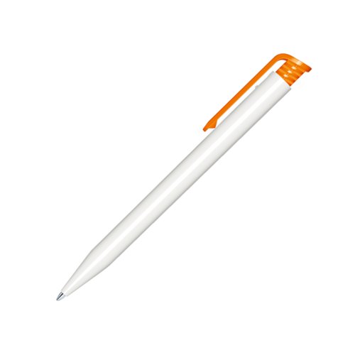 Stylo  bille en plastique blanc avec clip orange et mcanisme  poussoir.
