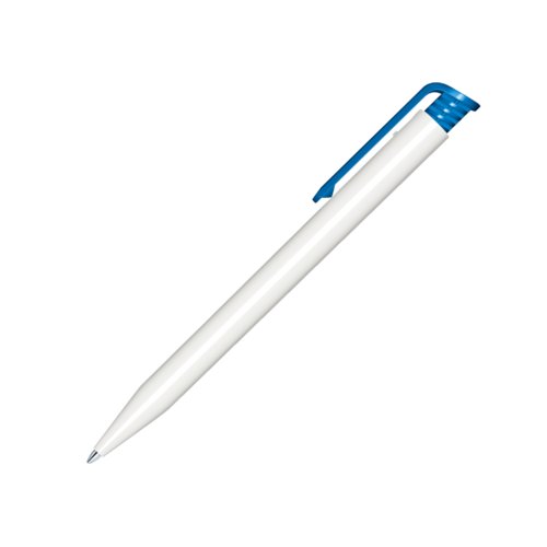 Stylo  bille en plastique blanc avec accents bleus et mcanisme  poussoir.