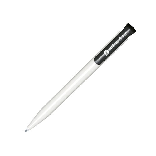Stylo  bille blanc en plastique avec finition brillante et bouton-poussoir.