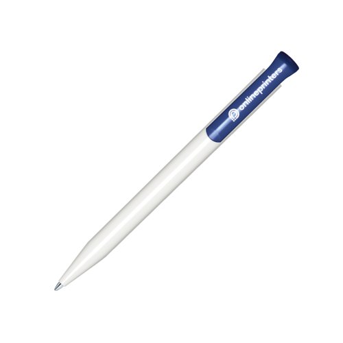 Stylo  bille en plastique blanc avec dtail marine et mcanisme  poussoir.