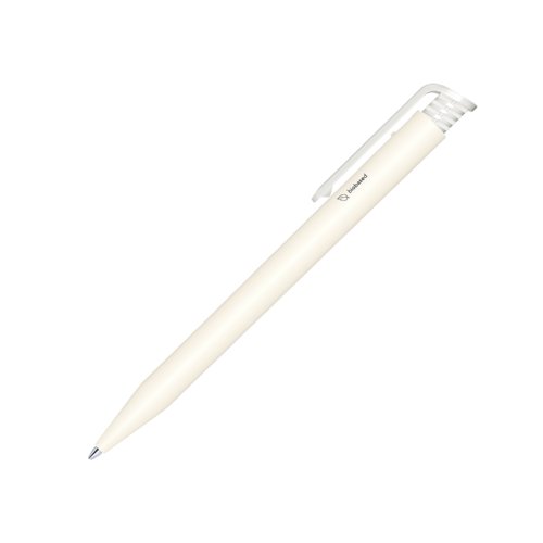 Stylo � bille blanc en bioplastique avec clip et m�canisme � poussoir.
