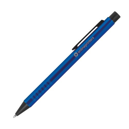 Stylo à bille en métal bleu avec motif, clip et mécanisme à poussoir.