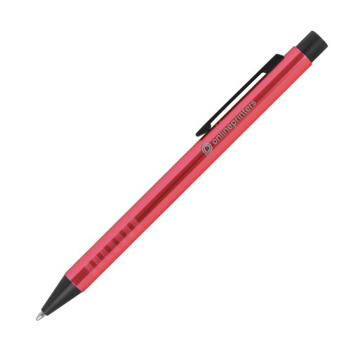 Stylo à bille en métal rouge à motif, clip et mécanisme à poussoir.