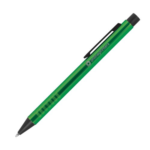 Stylo à bille en métal vert avec clip et mécanisme à pression.