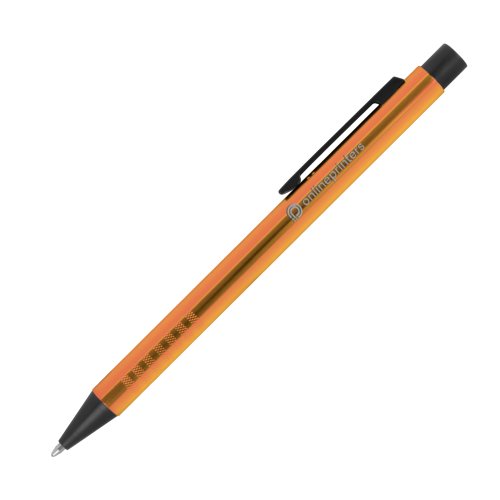 Stylo à bille orange en métal avec motif, clip et mécanisme à poussoir.