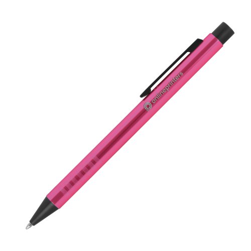 Stylo à bille en métal rose avec motif, clip et mécanisme à poussoir.