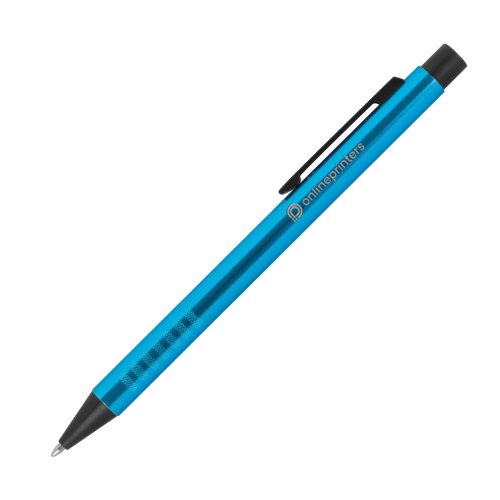 Stylo à bille turquoise en métal avec motif et clip.