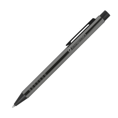 Stylo à bille en métal anthracite avec motif et clip.