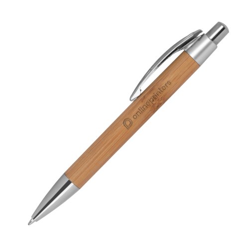 Stylo à bille en bambou avec éléments en métal et clip.