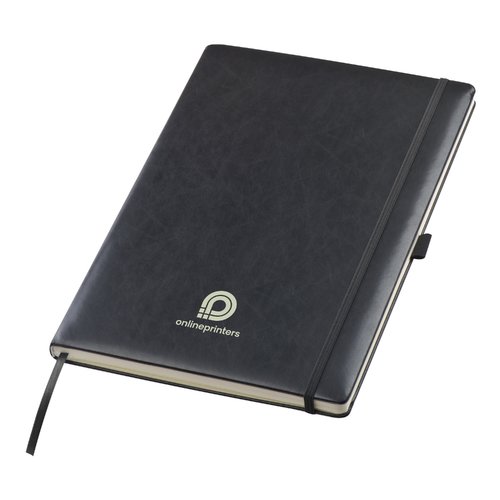 Carnet noir avec fermeture élastique et marque-page ruban.