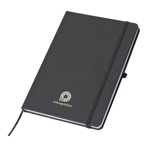 Carnet gris avec élastique et marque-page ruban.