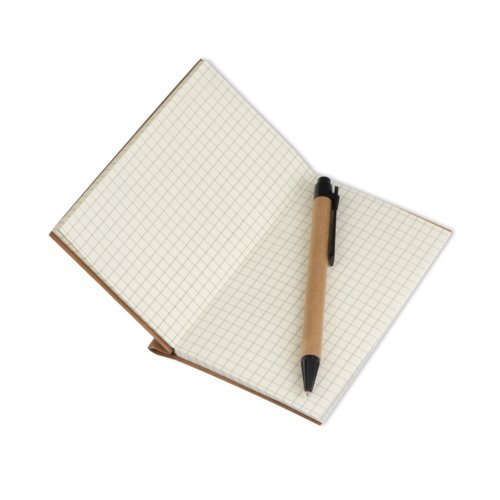 Carnet marron avec pages lignées.