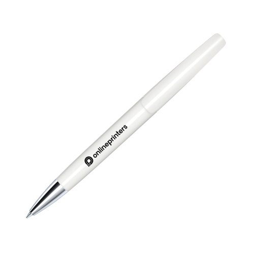 Stylo  bille blanc en plastique avec lments en mtal et mcanisme rotatif.