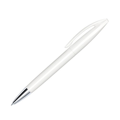 Stylo  bille blanc avec corps en mtal, clip et mcanisme  bouton-poussoir.