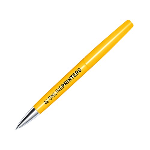 Stylo � bille rotatif en plastique jaune avec pointe en m�tal.