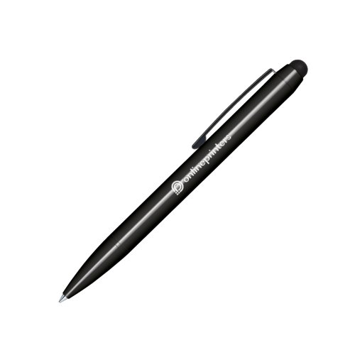 Stylo à bille noir en plastique avec touchpad et clip.
